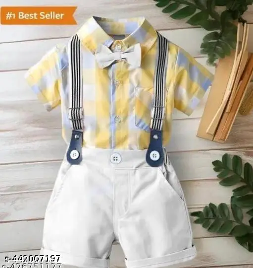 Kids Cotton Lycra Blend Printed shirt and Short Pant SetWhit Suspender for Casual Wear For Boy's
