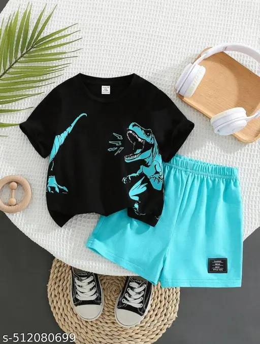  SRP Young Boy Dinosaur Patterned Casual Round-Neck Short Sleeve T-Shirt And Shorts Set | SRP