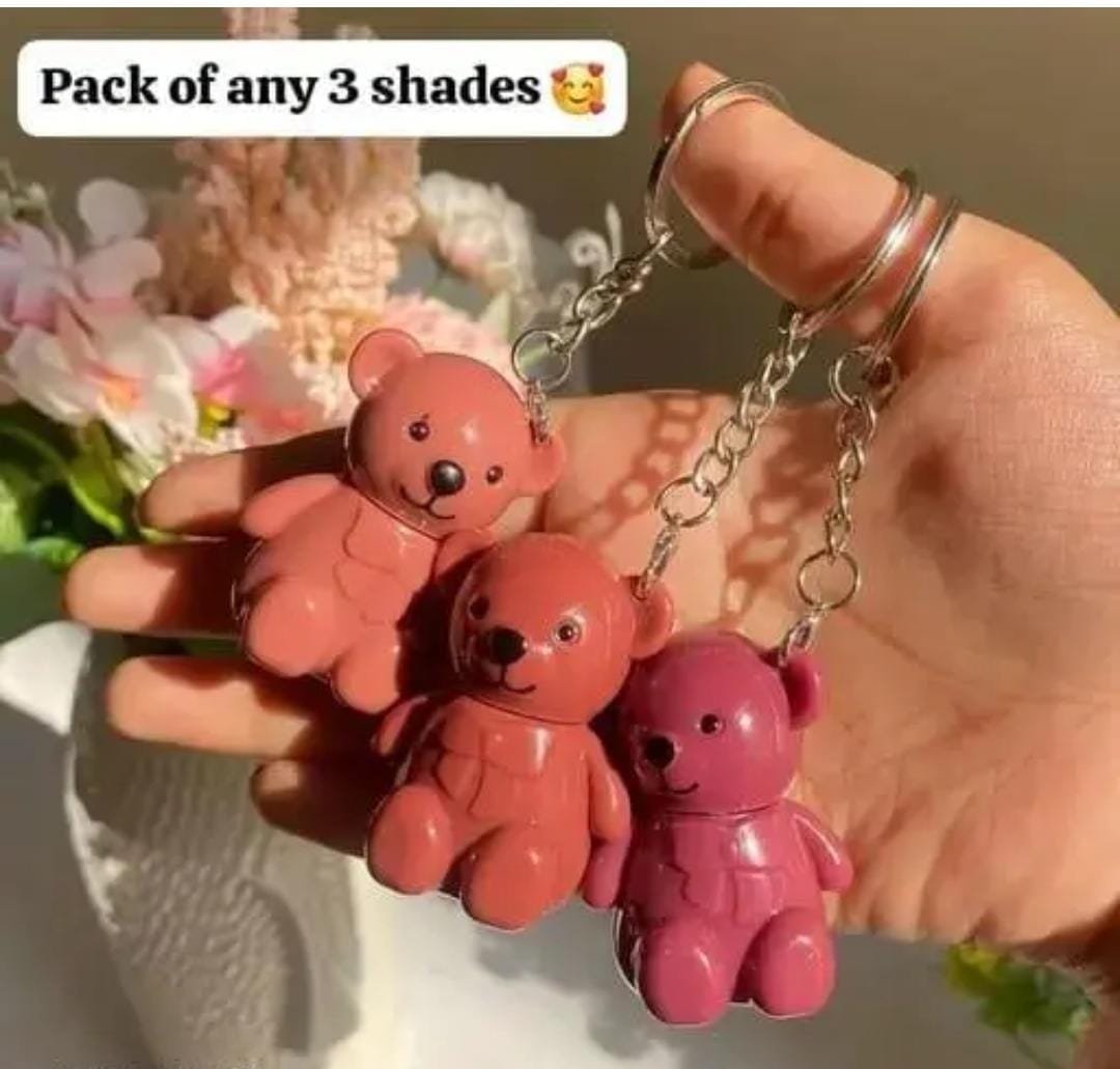 2In1 Key Chain Bear Mist Matte Velvet Lipstick Waterproof Long Lasting Lip Glossy Cute Bear Makeup Plumping Non-Stick Cup Moisturizing (Pack Of 3) Multicolor