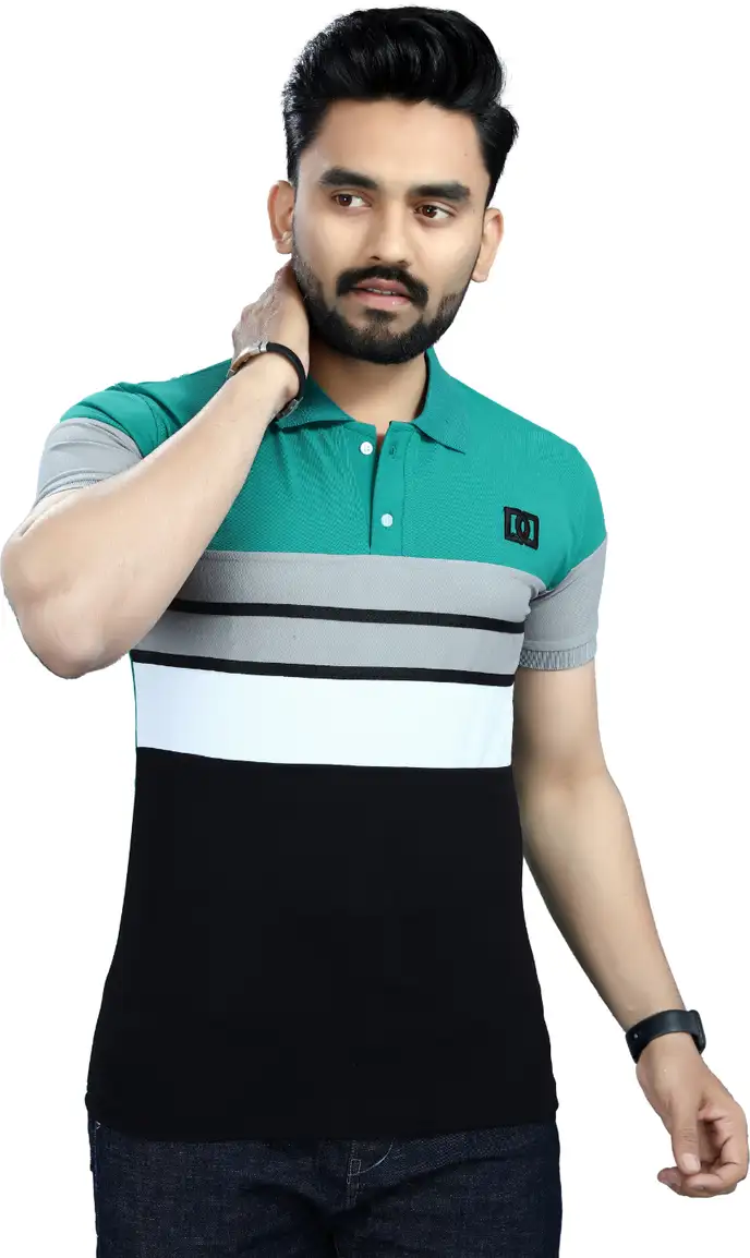 Lonaxa Striped Men Polo Neck Reversible Dark Green, Black T-Shirt