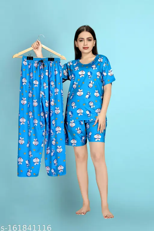 Women Printed Night Suit Set - Women Nightwear -Women 3 Piece Combo- Nightdress Set For Women And Girl -Women T-Shirt, Shorts & Pyjama Set Night suit