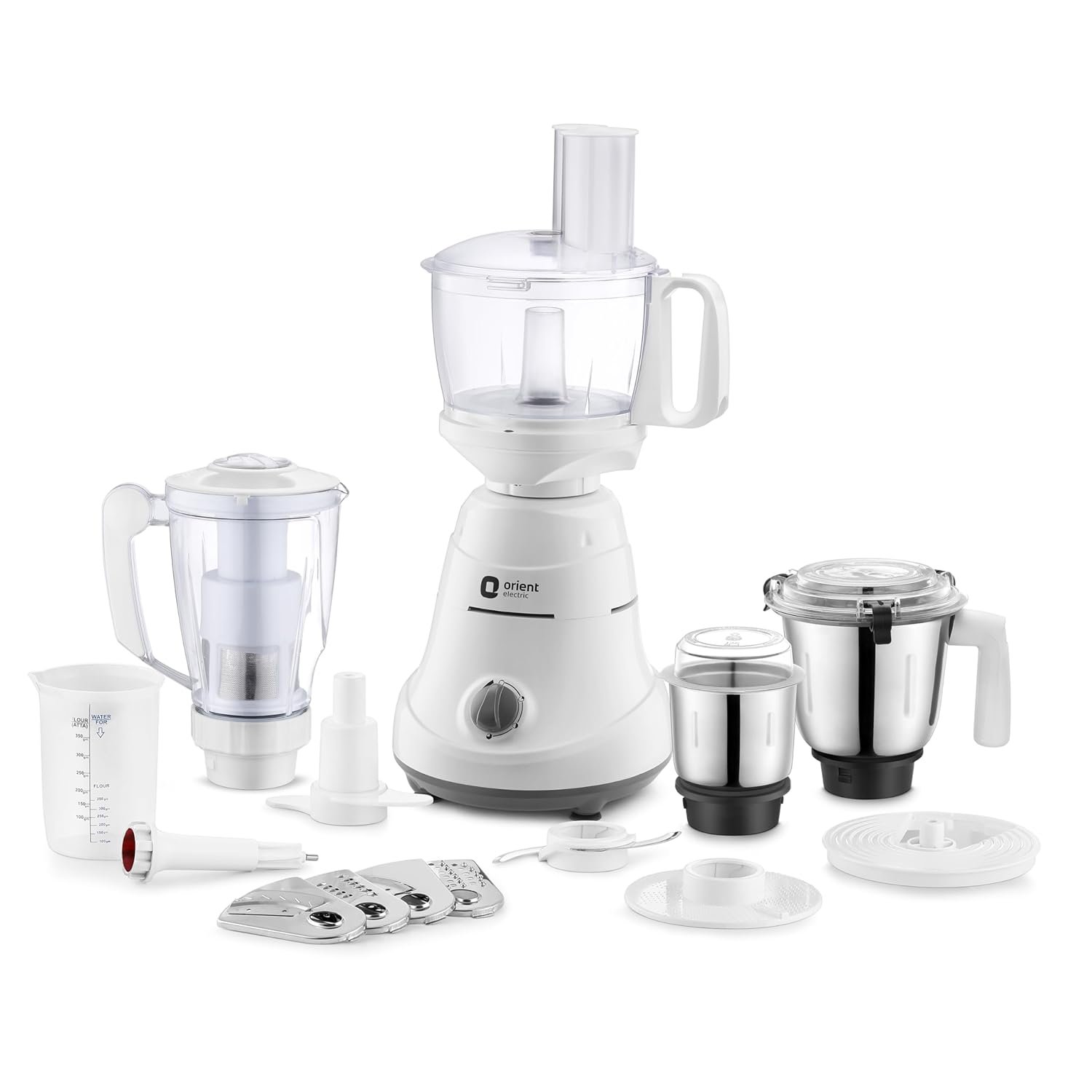 Orient Electric 750W Kitchen Genie| Food processor for aata kneading, chopping, slicing, cutting| 11 functions in one machine| 3 food-grade grinder, blender & juicer jars| 5-year motor warranty| White