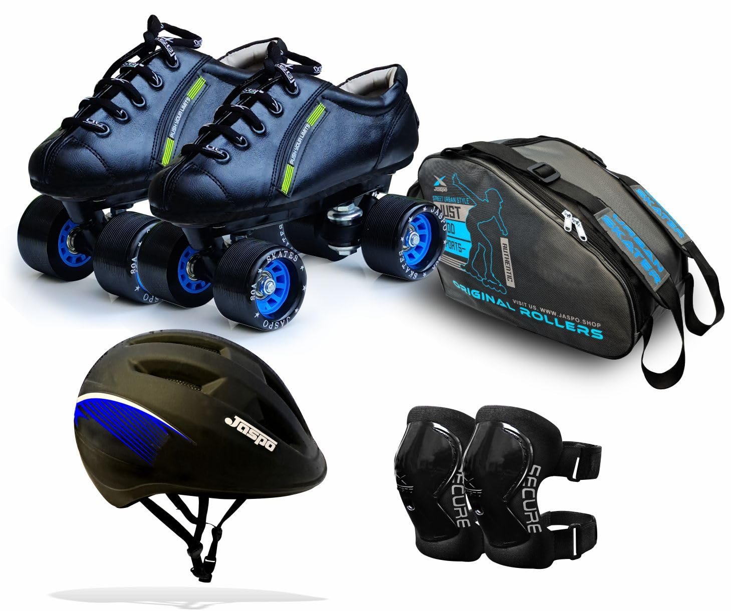 jaspo Unisex_Baby Hail Stone Eco Outdoor Wheel Shoe Skate Combo (Outdoor Wheel Shoe Skates+ Helmet+Knee+Bag) (Size-5 Uk (Age 11-12 Yrs)), sky blue