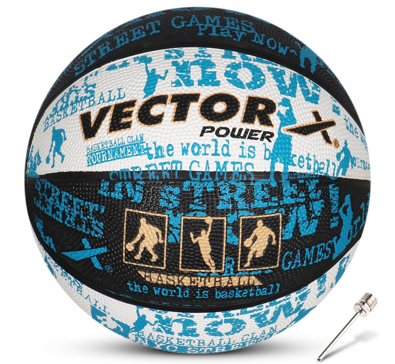Vector X Power Rubber Moulded Indoor/Outdoor Basketball with Butyl Bladder, Black-White-Blue, Size: 3 (Suitable for Practice/Match/Training) + Free Air Needle
