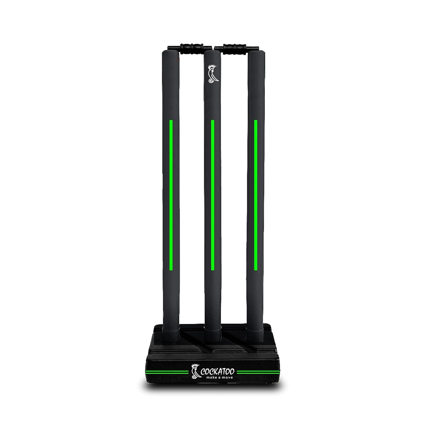 Cockatoo Premium Cricket Wicket Set l Heavy Duty Plastic l Fluorescent Green l Standard Size l 3 Stumps+2 Bails+1 Stand Set l Professional Quality for Cricket Ground, Match, and Tournament
