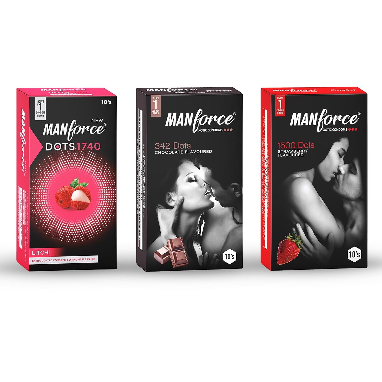 Manforce Combo - Xotic Chocolate, Strawberry & Litchi Flavoured | 30 pcs |Extra Dotted, Contoured, & Lubricated Latex Condoms