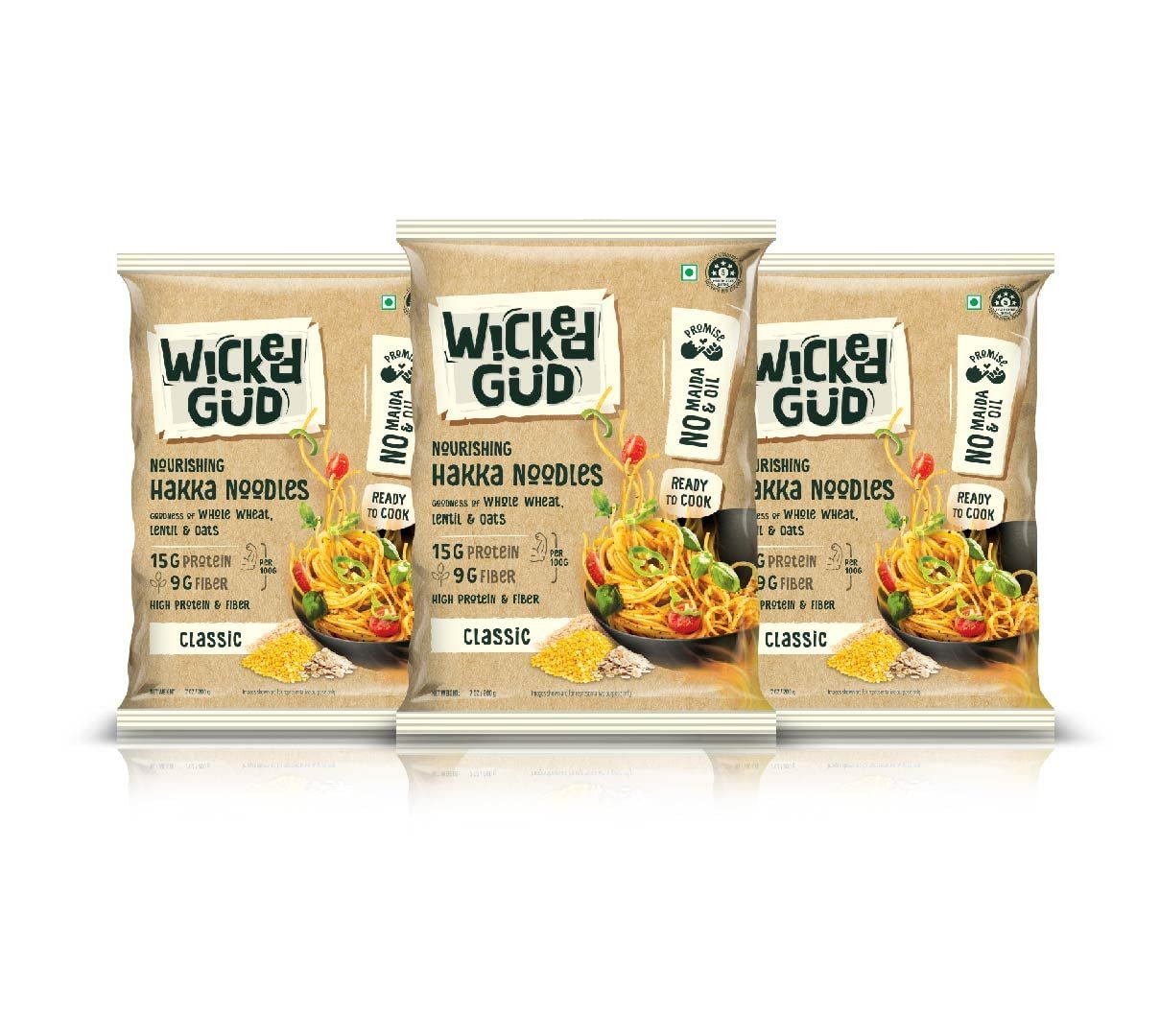 WickedGud Hakka Noodles (200gm x 3) | No Maida | No Oil | No MSG | High Protein | High Fibre | Cholesterol Free