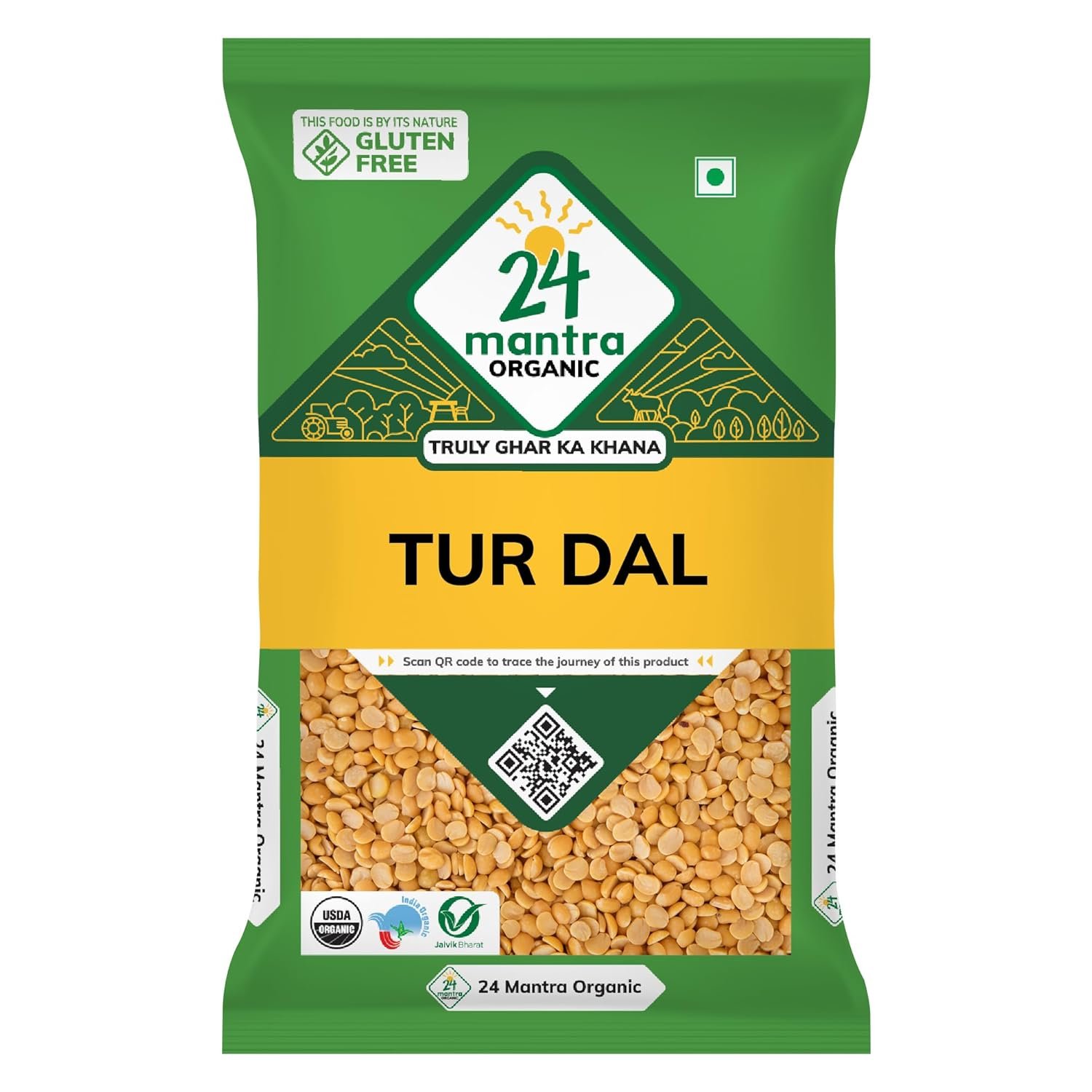 24 Mantra Organic Unpolished Tur Dal/Pigeon Pea/Arhar Dal/Pavuram Bathani - 500gms | Pack of 1 | 100% Organic | Chemical Free & Pesticides Free